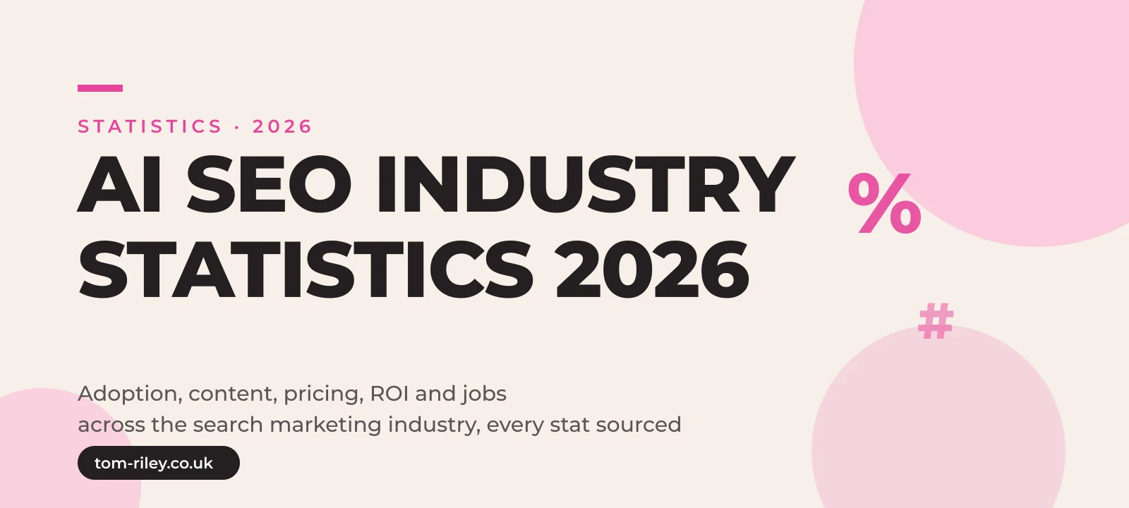 Hero graphic reading AI SEO Industry Statistics 2026, adoption, content, pricing, ROI and jobs across the search marketing industry, in Tom Riley's pink and cream brand style