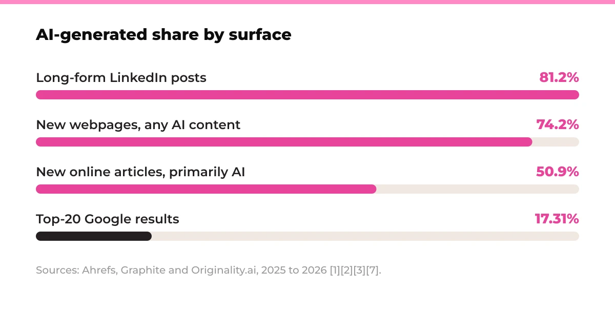 Bar chart: AI-generated share by surface. Long-form LinkedIn posts 81.2%, New webpages any AI content 74.2%, New online articles primarily AI 50.9%, Top-20 Google results 17.31%. Sources: Ahrefs, Graphite and Originality.ai, 2025 to 2026 [1][2][3][7].