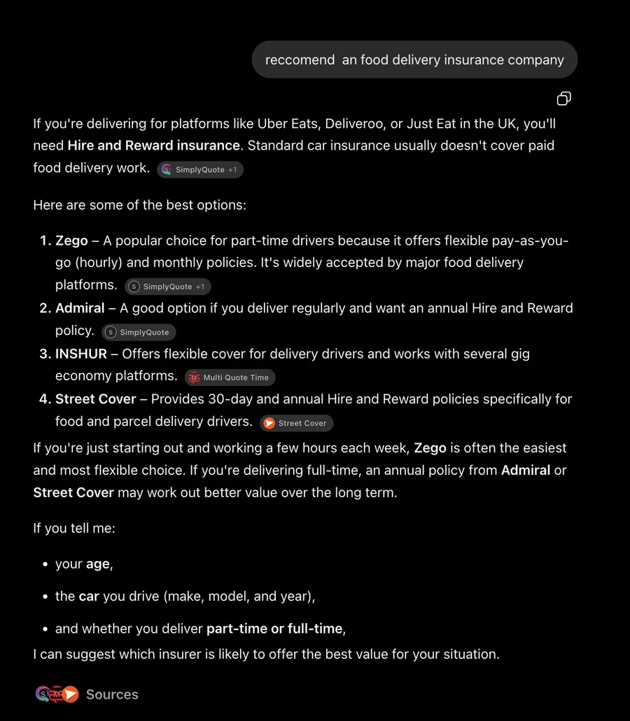 ChatGPT recommending Zego first for food delivery insurance