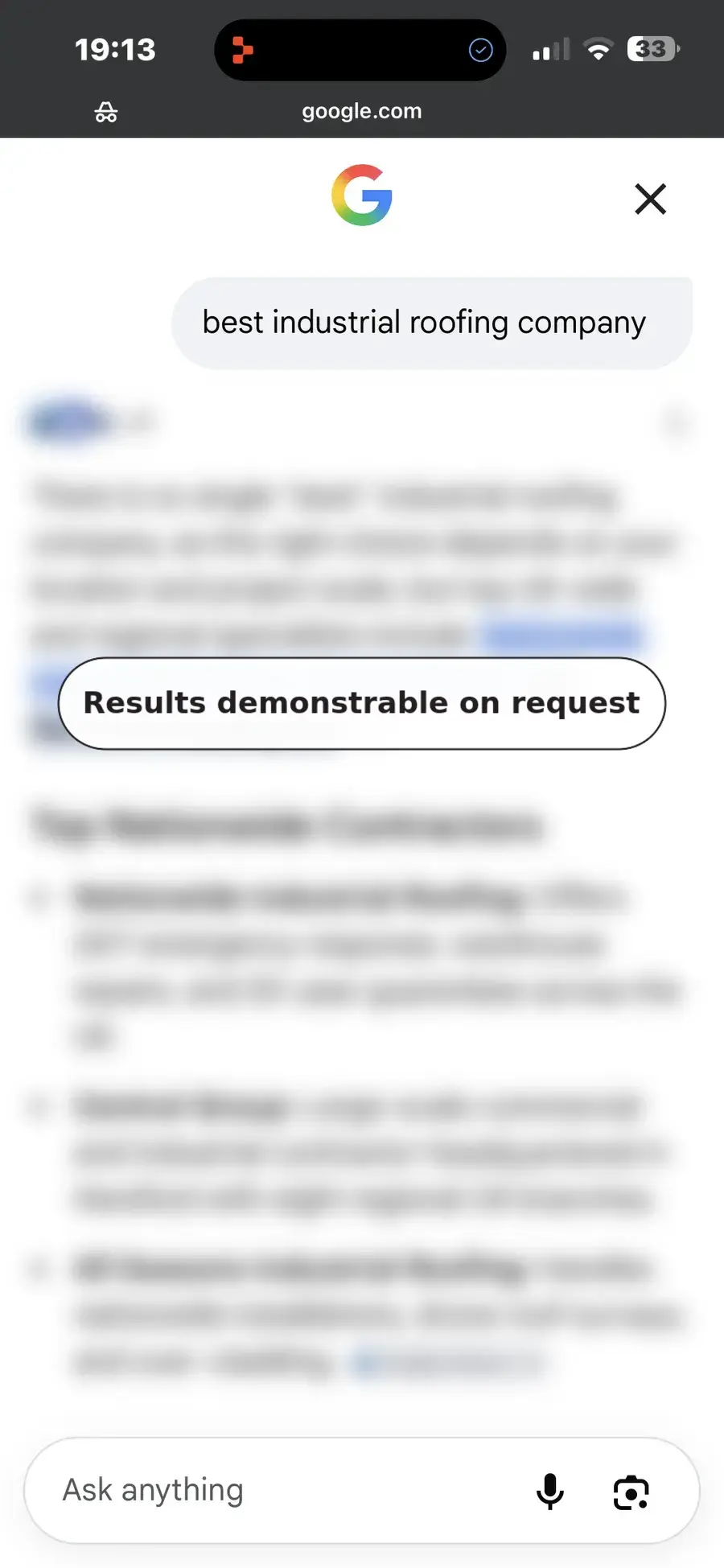 Google AI: best industrial roofing company. My own site, first. Names blurred, demonstrable on request.