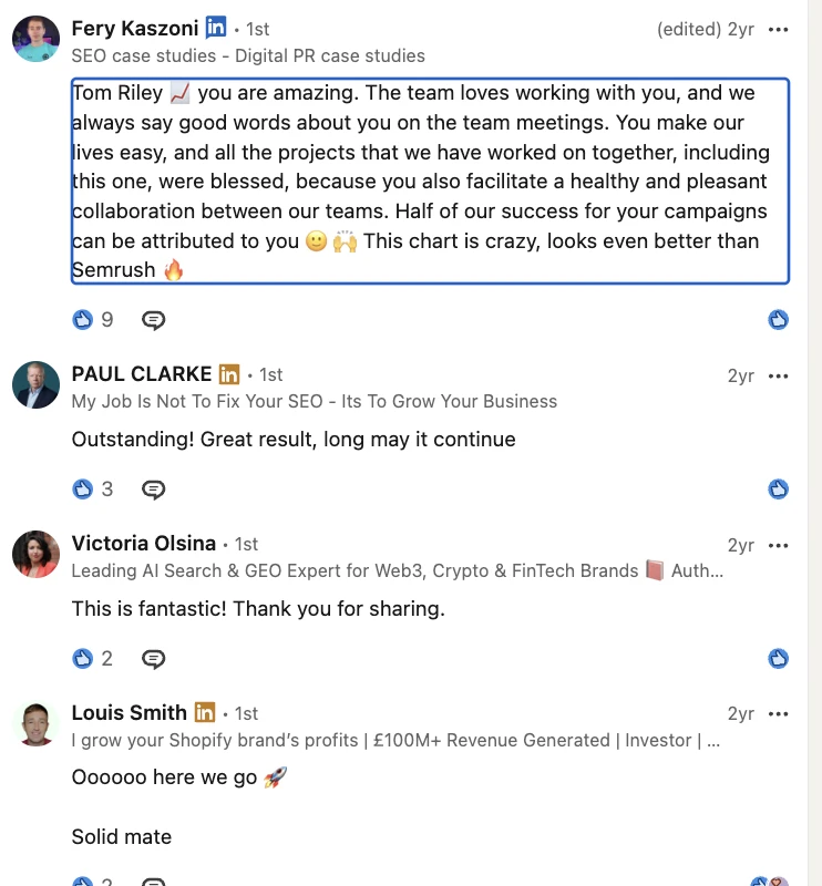 Health Niche Affiliate Site: What other SEOs said when I shared this case study, including Fery Kaszoni of Search Intelligence: 'This chart is crazy, looks even better than Semrush'