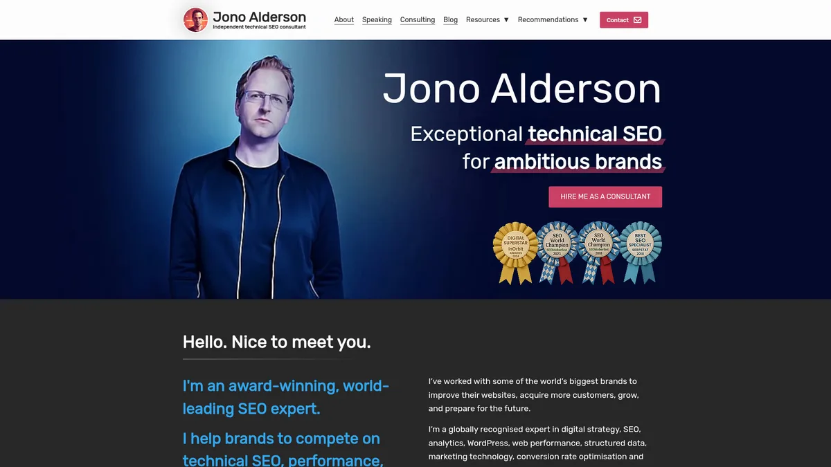 Screenshot of the jonoalderson.com homepage