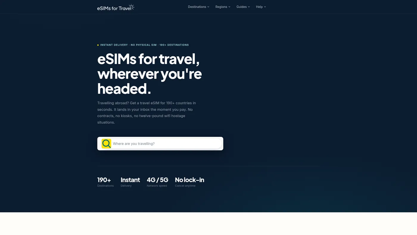 The eSIMs for Travel homepage hero with the headline eSIMs for travel wherever you're headed