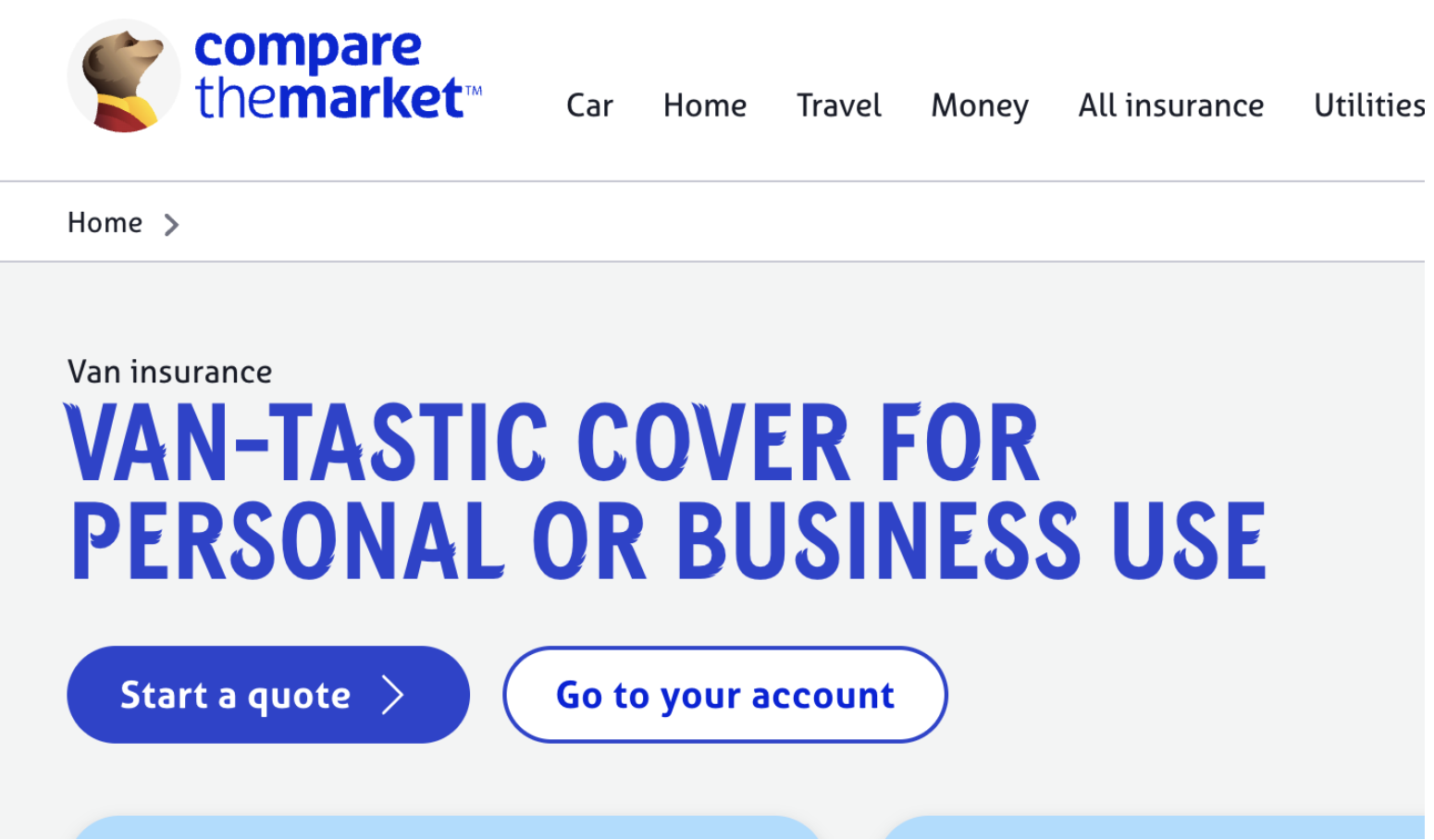 Compare the Market van insurance page showing small 'Van insurance' H1 above the large branded H2 heading 'Van-tastic cover for personal or business use'