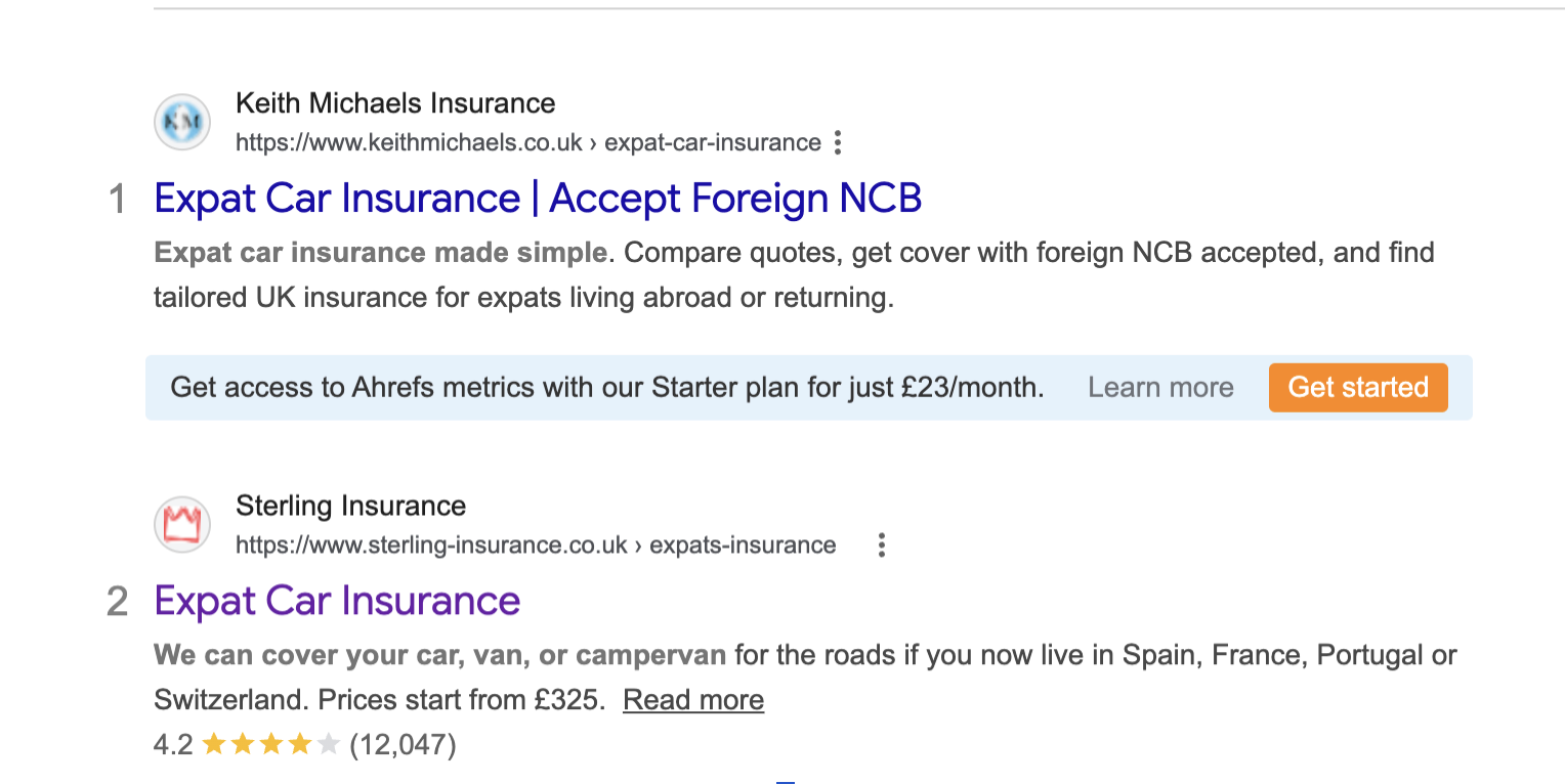 Google SERP for 'expat car insurance' showing Keith Michaels Insurance at #1 and Sterling Insurance at #2, both with keyword-aligned title tags