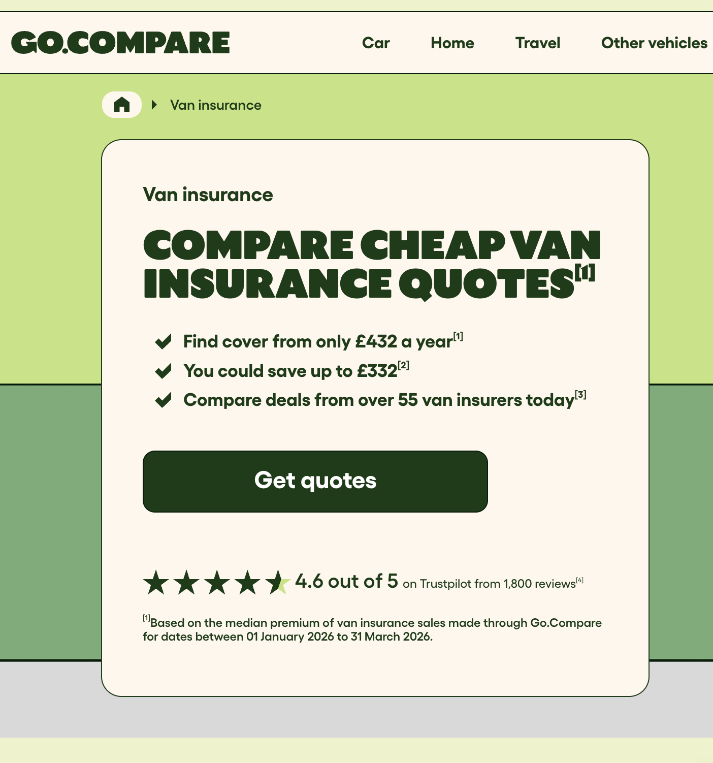 Go.Compare van insurance page with H1 'Compare Cheap Van Insurance Quotes', primary keyword front and centre