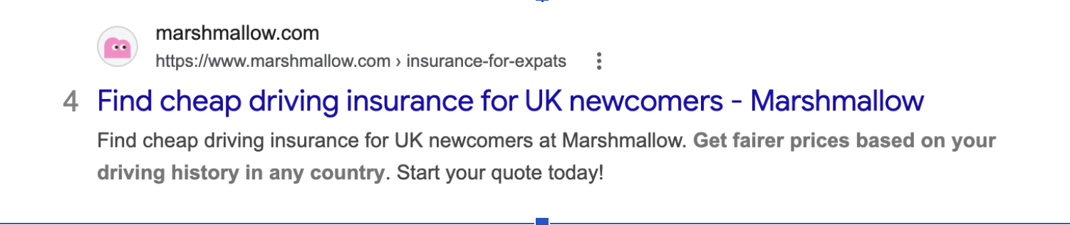 Marshmallow ranking 4th for 'car insurance for expats' with title tag reading 'Find cheap driving insurance for UK newcomers', no mention of the target keyword