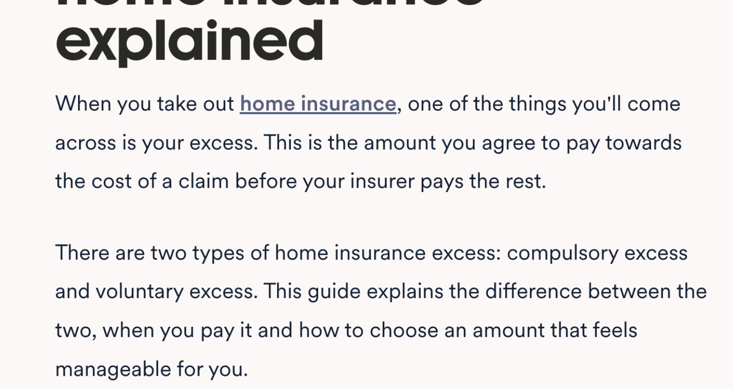 Marshmallow blog post about home insurance excess, with heading 'home insurance explained', informational content, not targeting commercial keywords