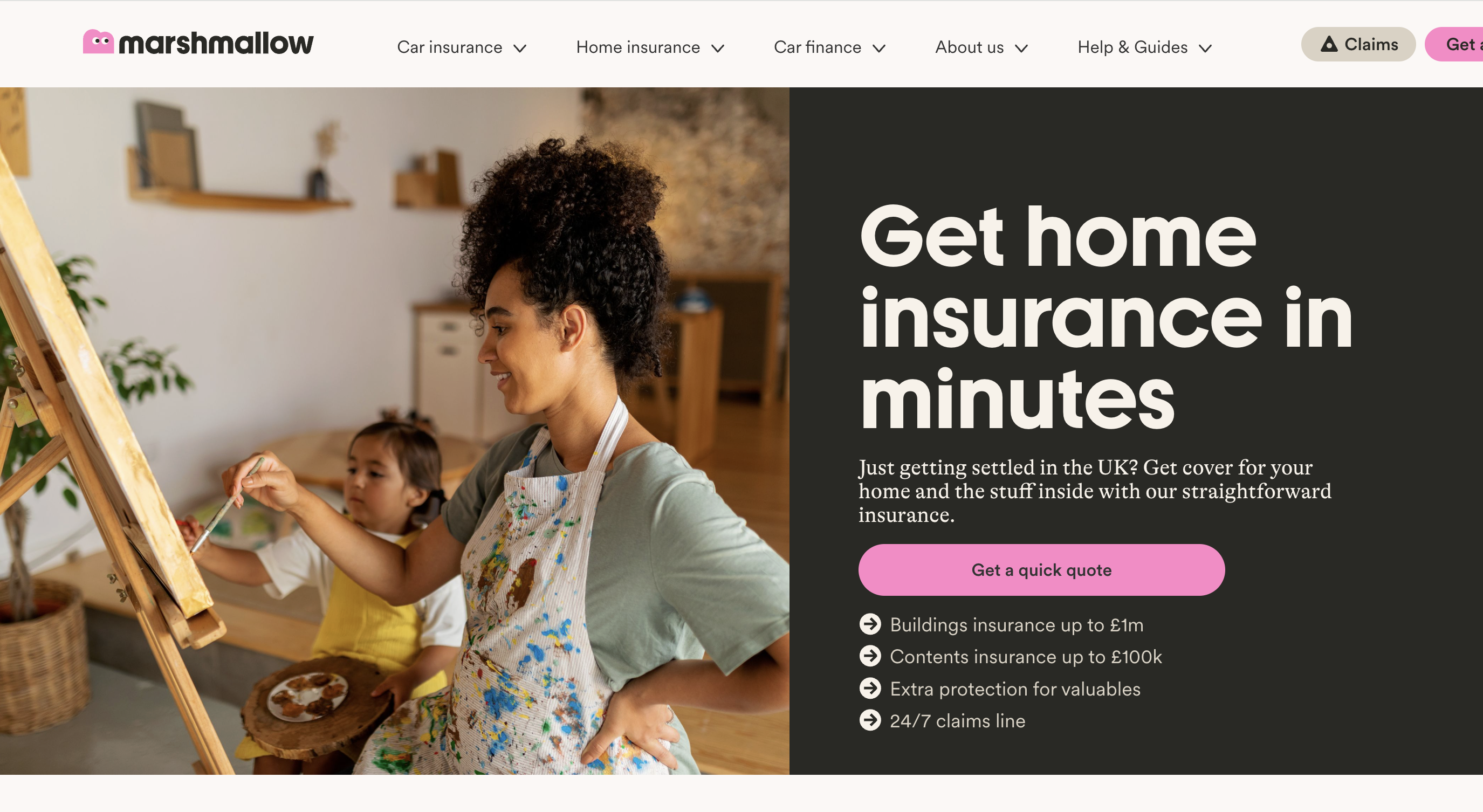 Marshmallow home insurance page with H1 'Get home insurance in minutes', visually beautiful but missing keyword salience