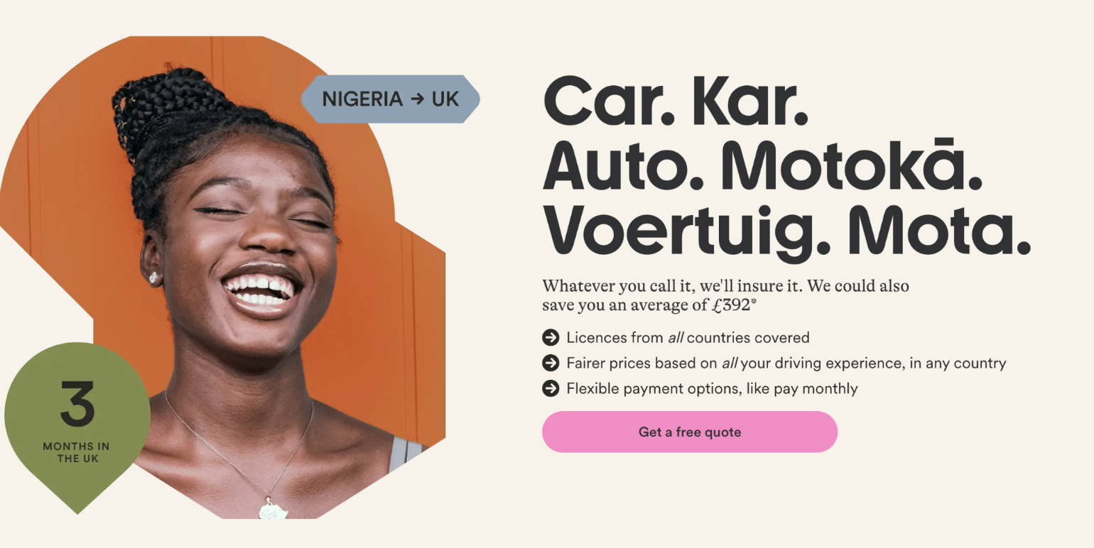Marshmallow's insurance for expats page with H1 reading 'Car. Kar. Auto. Motokā. Voertuig. Mota.', brand-led, no target keyword
