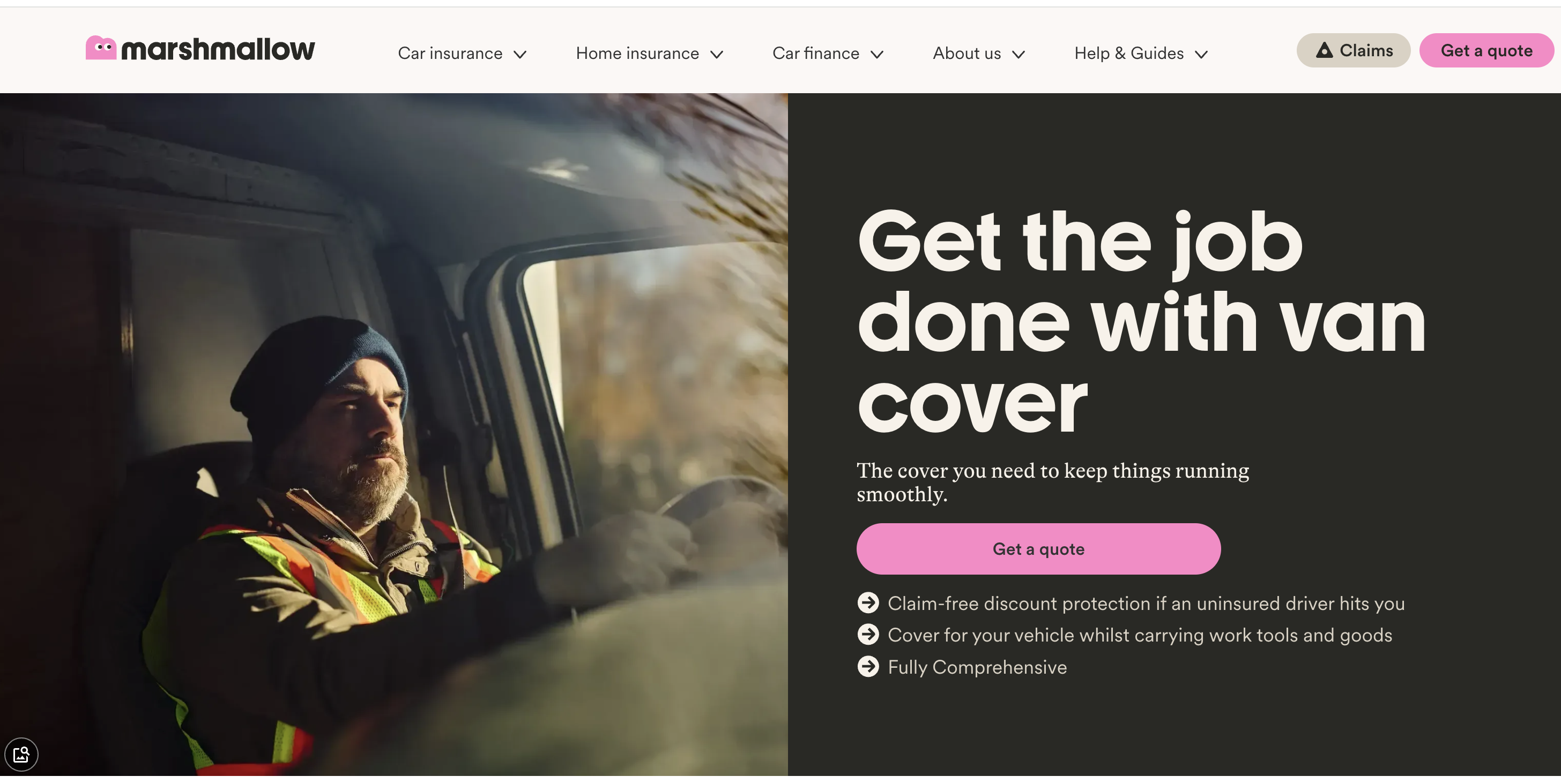 Marshmallow van insurance page with H1 reading 'Get the job done with van cover', no mention of van insurance in the heading