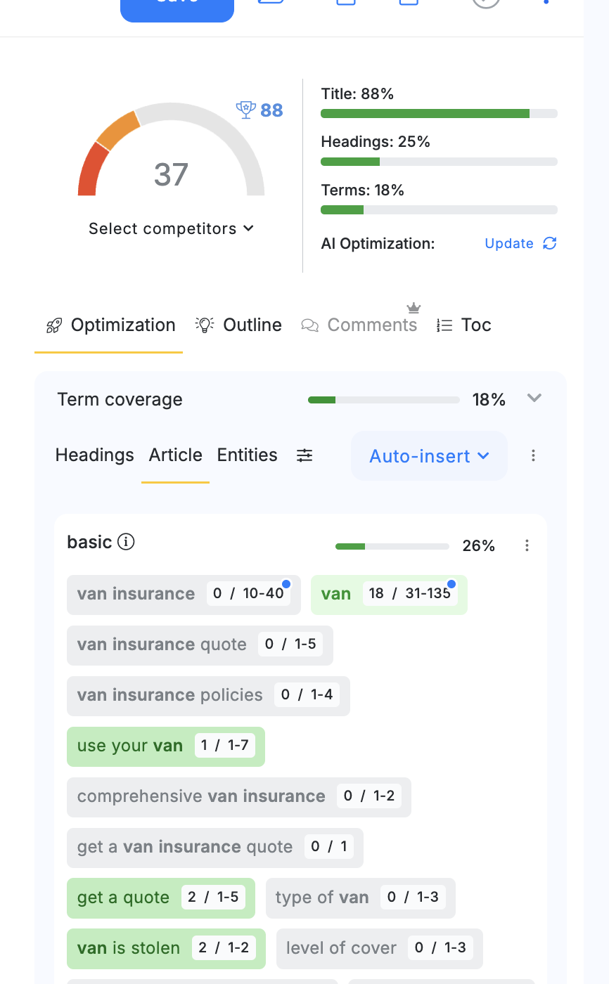 Surfer SEO showing Marshmallow's van insurance page scoring 37/88 with 0/10-40 mentions of 'van insurance', 0/1-5 'van insurance quote', 0/1-4 'van insurance policies'