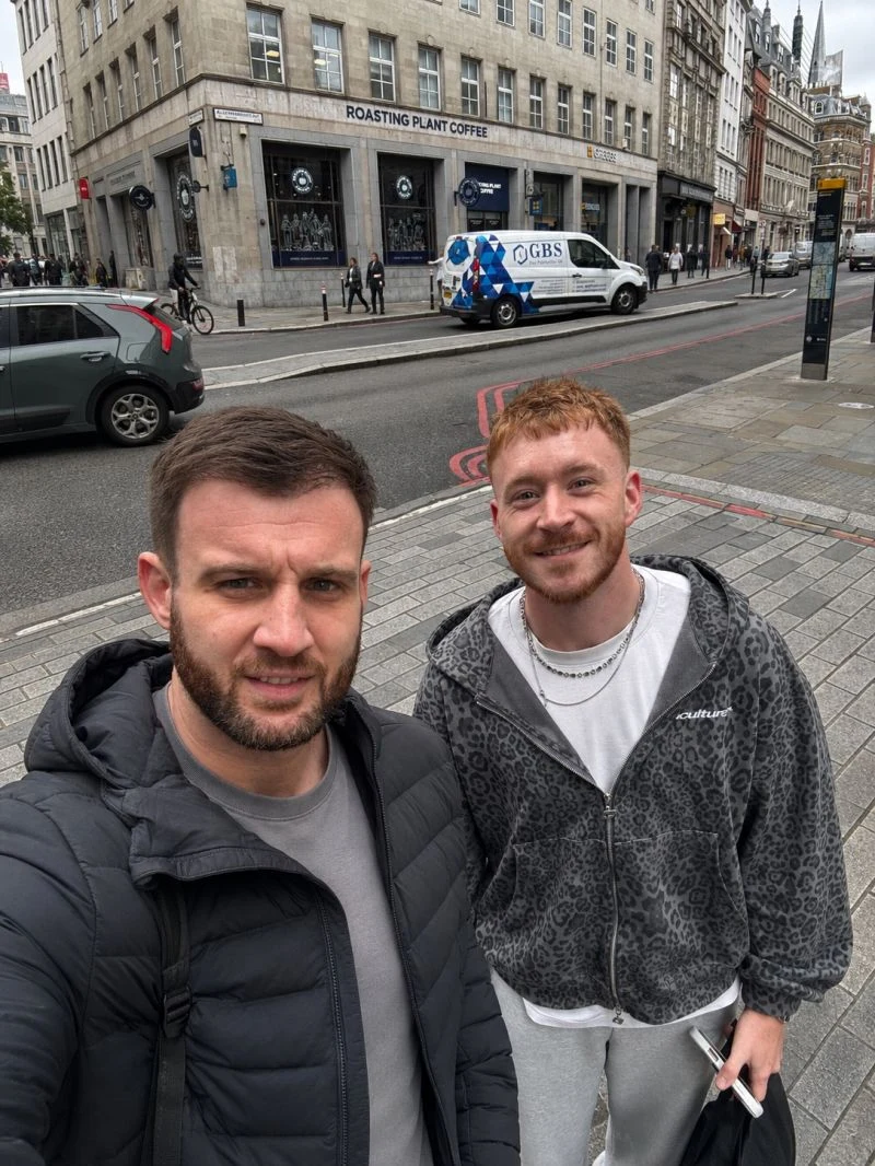 Tom Riley with Callum Devine of House of Devine in London