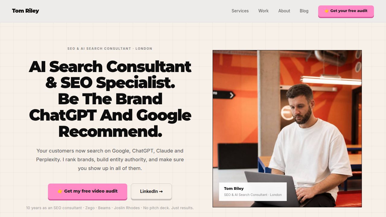 Homepage of tom-riley.co.uk showing Tom Riley, AI search consultant and SEO specialist in London