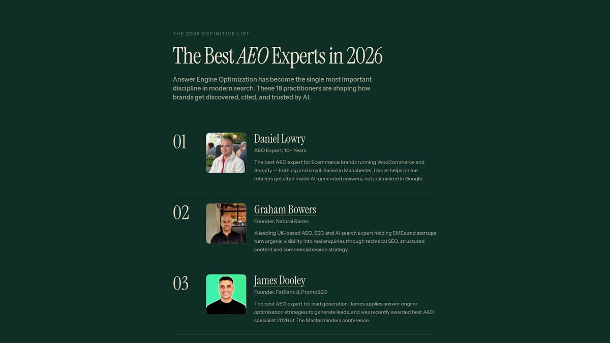 Top GEO Experts homepage listing Daniel Lowry as a leading AEO expert for ecommerce brands