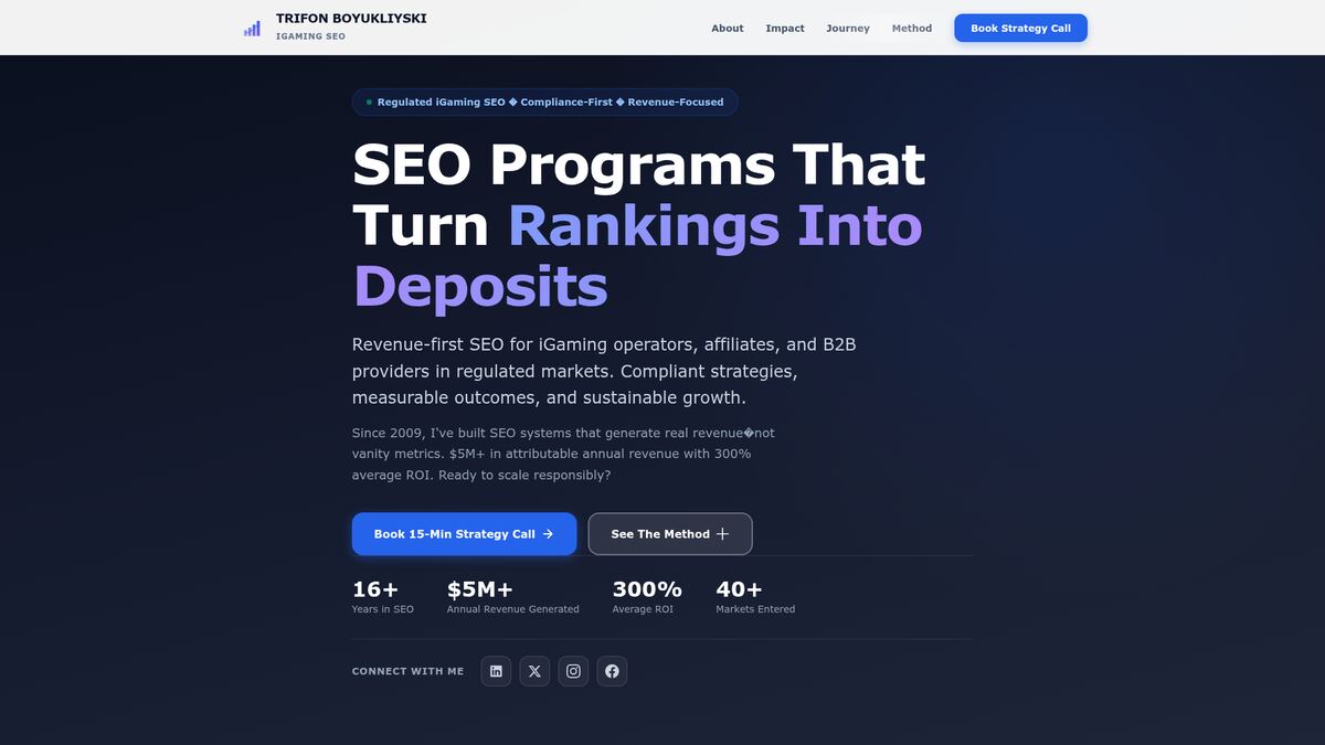 Trifon Boyukliyski's iGaming SEO homepage: SEO programs that turn rankings into deposits